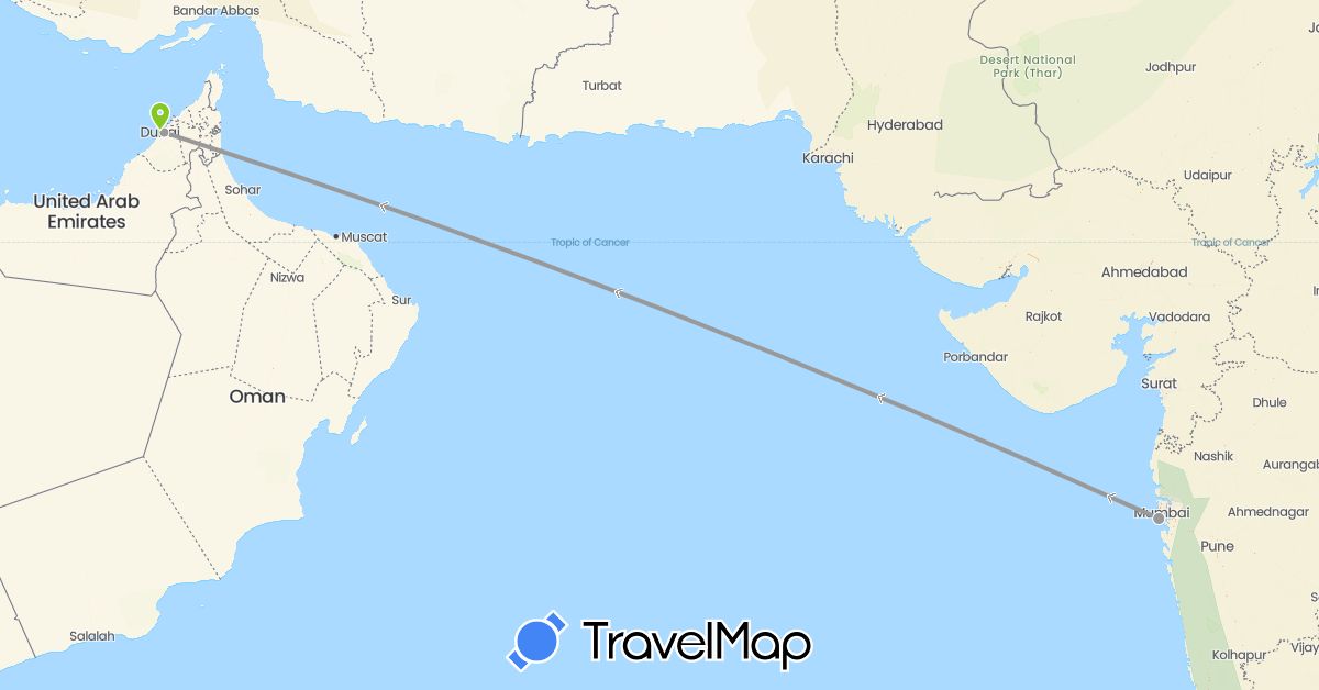 TravelMap itinerary: plane, electric vehicle in United Arab Emirates, India (Asia)